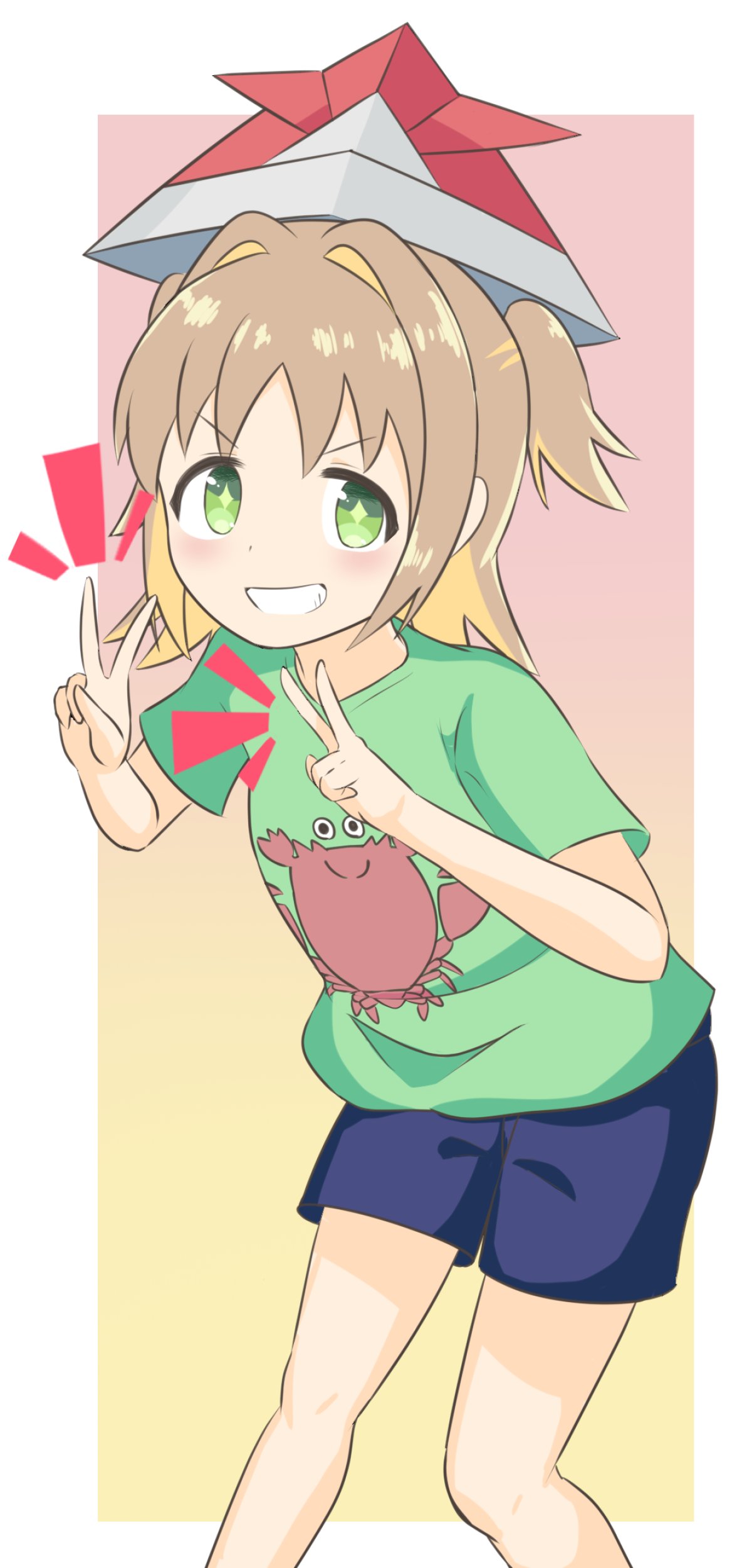 +_+ 1girl absurdres bare_arms bare_legs black_shorts brown_hair colored_inner_hair commentary crab_print double_v gekogekobuhihi gradient_background green_eyes green_shirt green_t-shirt grin hair_intakes highres looking_at_viewer multicolored_hair oka_asahi onii-chan_wa_oshimai! orange_hair paper_hat paper_kabuto pink_background shirt short_shorts short_sleeves shorts simple_background smile solo t-shirt two-tone_hair two_side_up v v-shaped_eyebrows yellow_background