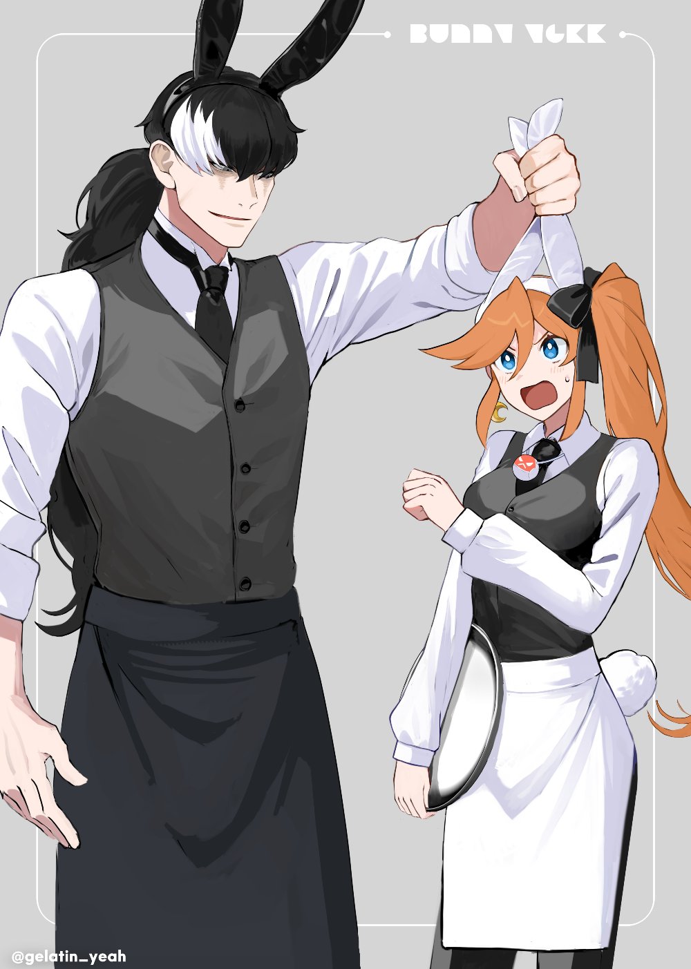 1boy 1girl ace_attorney animal_ears apron athena_cykes black_apron black_bow black_hair black_necktie black_vest blue_eyes bow collared_shirt crescent crescent_earrings earrings fake_animal_ears fake_tail grabbing gumi_(gelatin) hair_between_eyes hair_bow highres holding holding_tray jewelry long_hair long_sleeves looking_at_another multicolored_hair necklace necktie open_mouth orange_hair rabbit_ears rabbit_tail shirt side_ponytail simon_blackquill single_earring sweatdrop tail tray twitter_username two-tone_hair vest white_apron white_hair white_shirt