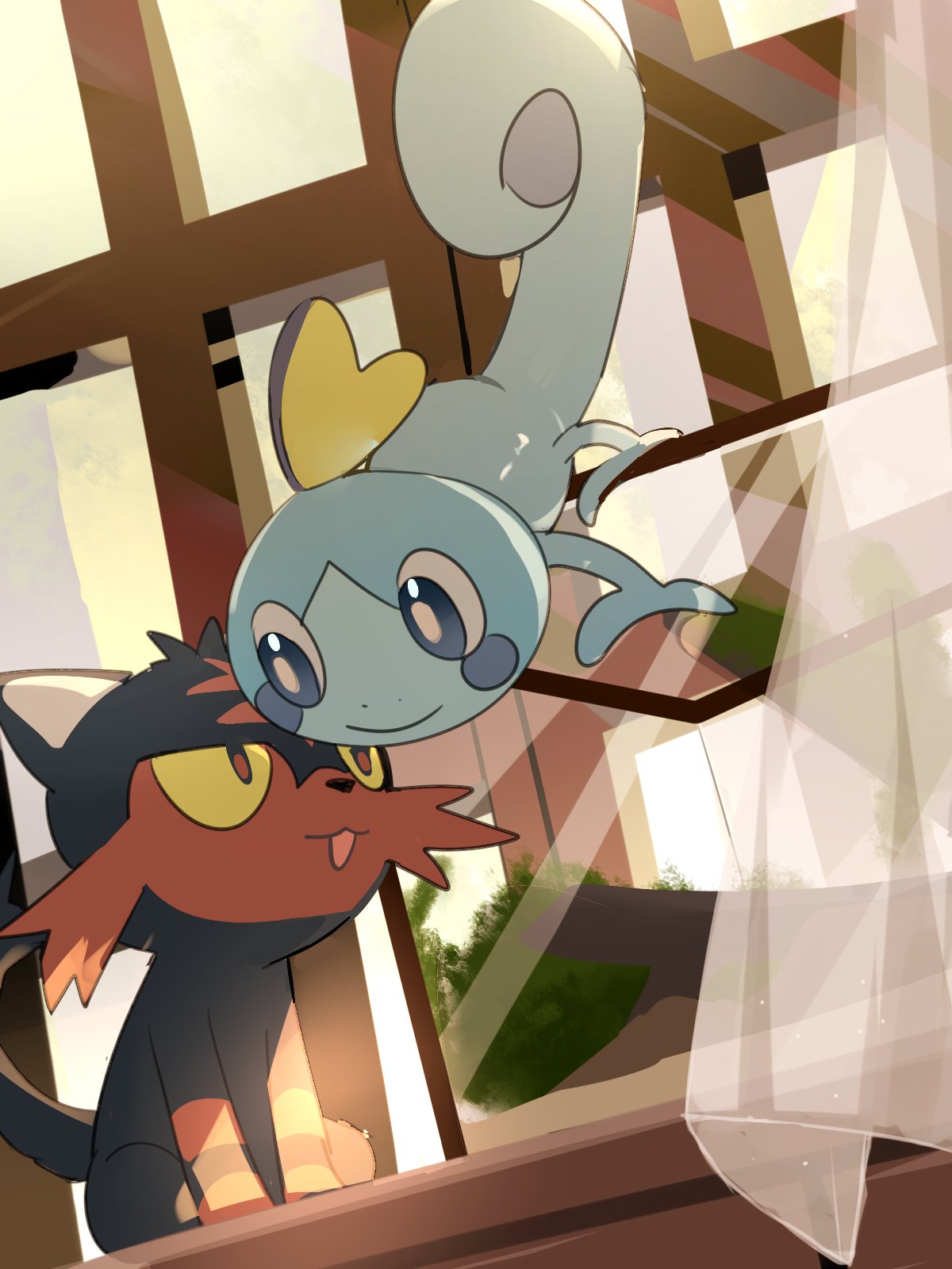 blue_eyes bright_pupils closed_mouth commentary_request curtains eye_contact highres litten looking_at_another no_humans open_mouth pokemon pokemon_(creature) sitting smile sobble suikaels white_pupils
