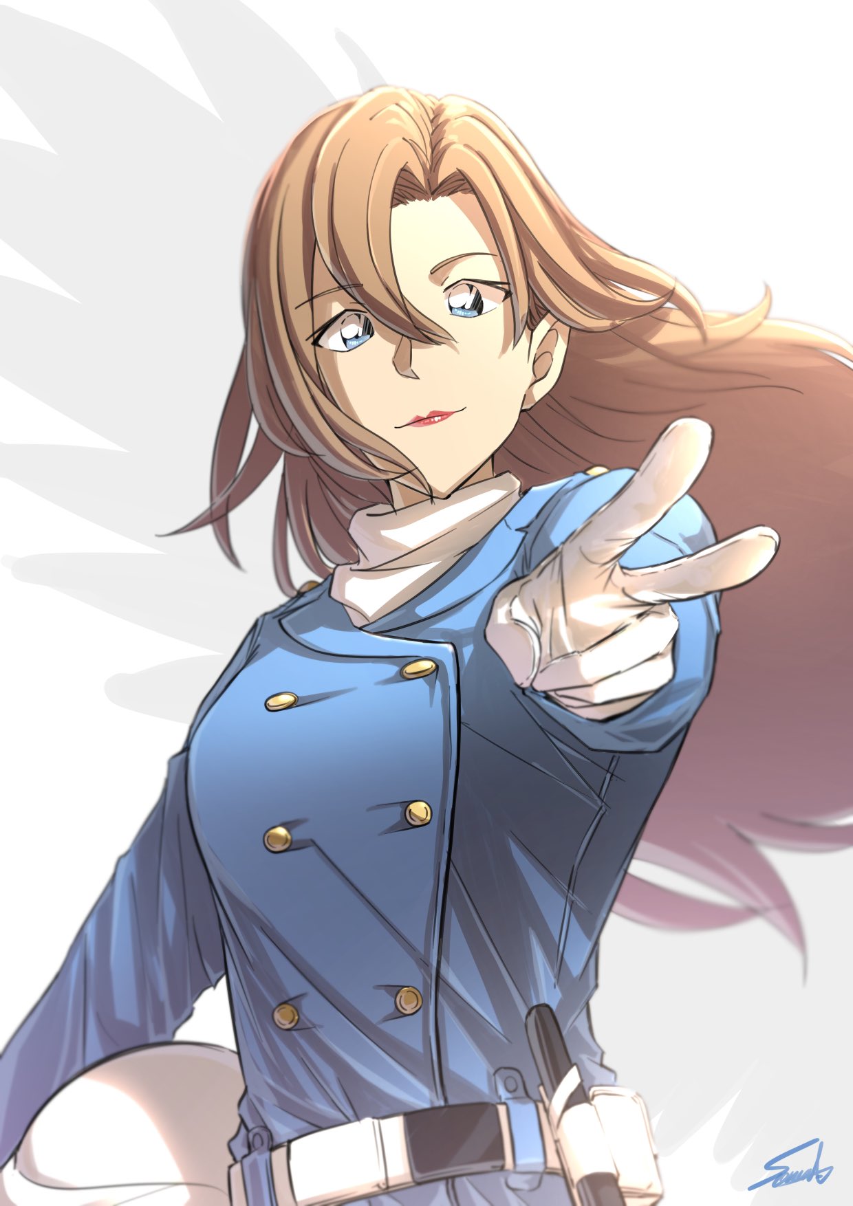1girl belt blue_eyes brown_hair buttons commentary_request gloves hagiwara_chihaya hair_between_eyes hand_on_own_hip highres light_brown_hair long_hair looking_at_viewer meitantei_conan police police_uniform policewoman red_lips solo sooma4869 turtleneck uniform upper_body v white_gloves wings