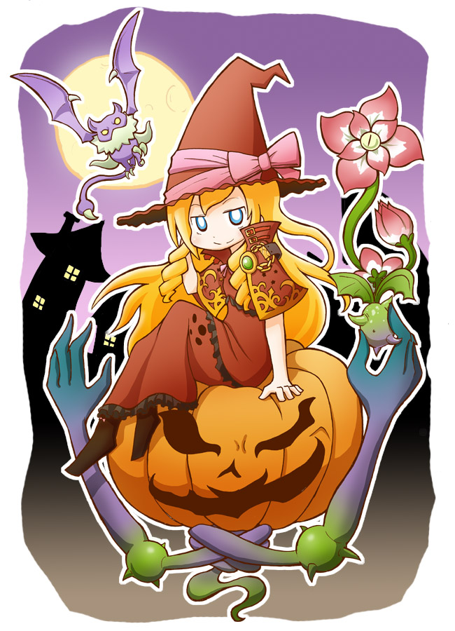 1girl arm_behind_head arm_up black_footwear blonde_hair blue_eyes boots bow brown_capelet brown_dress brown_hat building capelet closed_mouth commentary_request doctor_magus doctor_magus_4 dress flower frilled_dress frills full_moon halloween hat hat_bow jack-o'-lantern knees_up long_hair looking_at_viewer moon naga_u outline pink_bow pink_flower sekaiju_no_meikyuu sitting smile solo very_long_hair white_outline window witch_hat