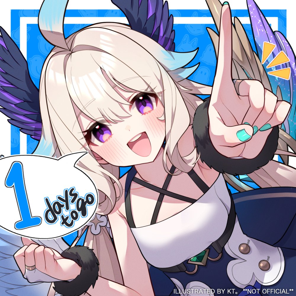 1girl :d ahoge aqua_nails bare_shoulders blonde_hair blush breasts bridal_gauntlets collarbone countdown dress english_text enna_alouette enna_alouette_(1st_costume) head_wings index_finger_raised kt._(kaisou-notagui) looking_at_viewer multicolored_hair nijisanji nijisanji_en open_mouth sleeveless sleeveless_dress small_breasts smile solo speech_bubble two-tone_hair violet_eyes wings