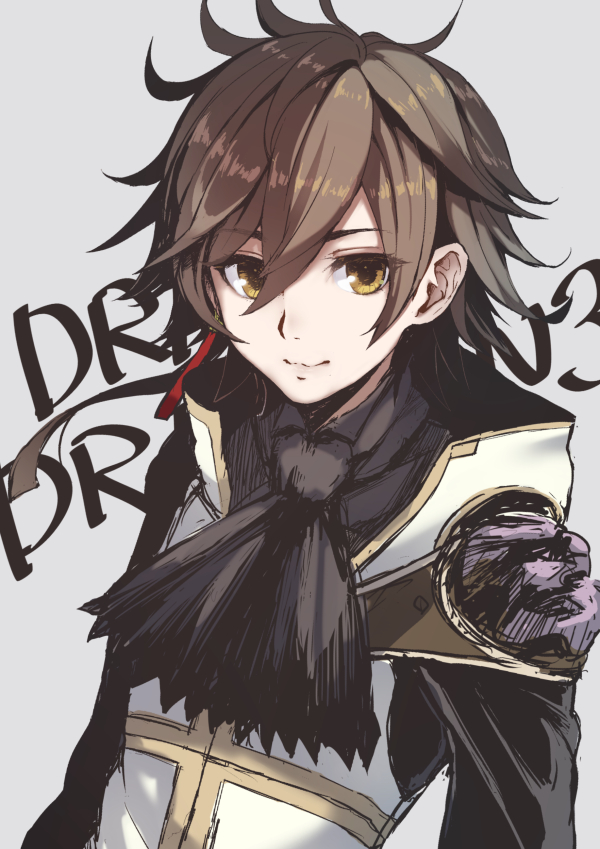 1boy :3 ascot bishounen black_ascot brown_hair clip_studio_paint_(medium) closed_mouth commentary copyright_name dito_(drag-on_dragoon) drag-on_dragoon drag-on_dragoon_3 earrings eyelashes grey_background hair_between_eyes jewelry kamanatsu looking_at_viewer low_ponytail male_focus single_earring solo upper_body yellow_eyes