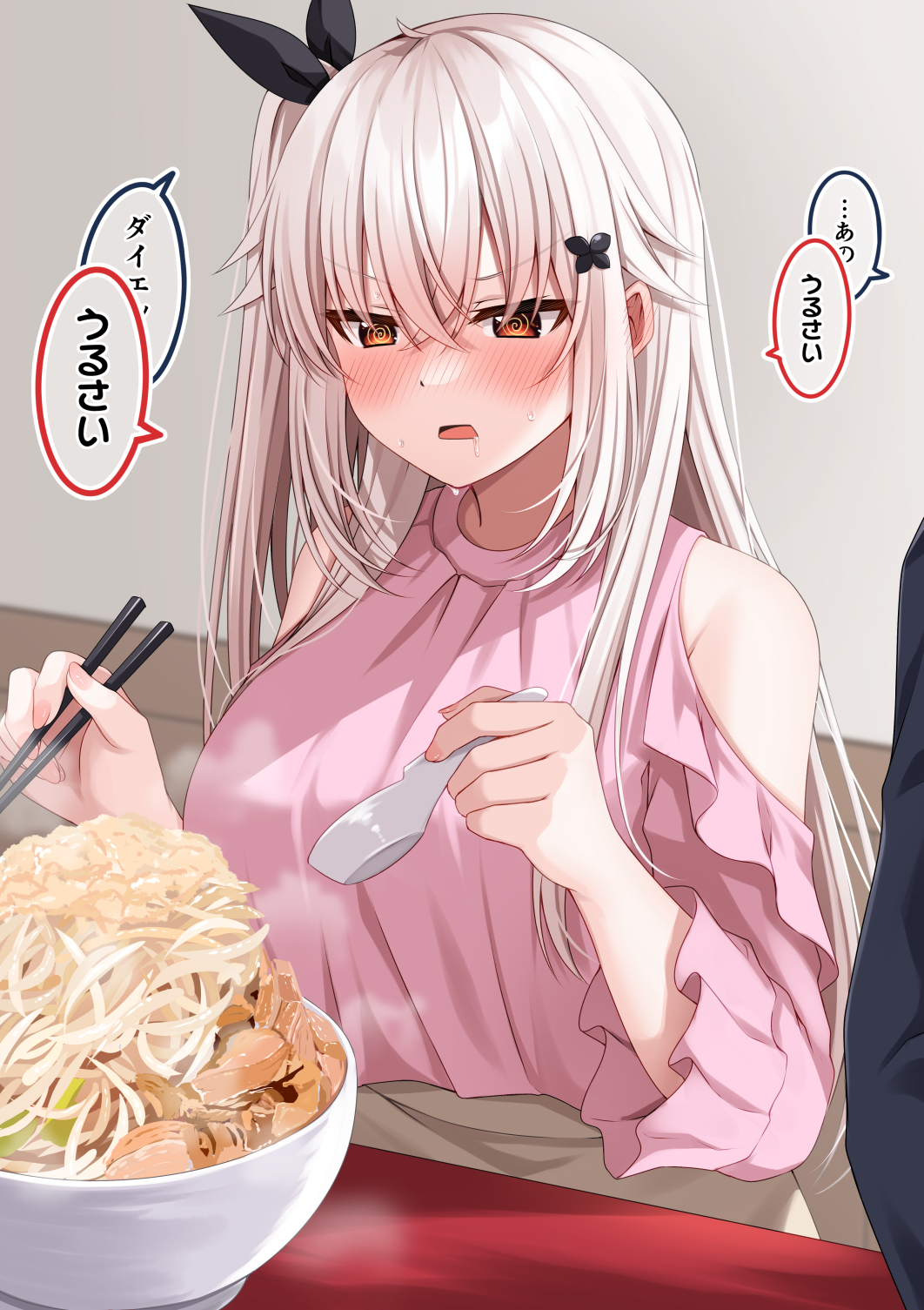 1girl 1other @_@ bare_shoulders blush bowl breasts brown_skirt butterfly_hair_ornament chopsticks clothing_cutout commentary_request drooling etna_(kuzuyu) food food_request grey_hair hair_between_eyes hair_ornament highres holding holding_chopsticks holding_spoon indoors komori_kuzuyu large_breasts long_hair nose_blush one_side_up open_mouth original pink_shirt saliva shirt shoulder_cutout skirt solo_focus spoon sweat translation_request very_long_hair wooden_floor