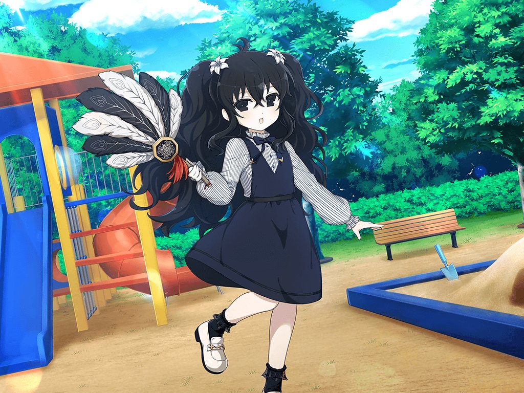 1girl aged_down ankle_socks april_fools bench black_bow black_bowtie black_eyes black_hair black_socks bow bowtie child clouds cloudy_sky day dress feather_fan flower fubuki_(senran_kagura) hair_flower hair_ornament hand_fan holding holding_fan jungle_gym light_blush long_hair long_sleeves official_alternate_costume official_art open_mouth pale_skin park park_bench playground sandbox senran_kagura senran_kagura_new_link shirt shovel sky smile socks solo striped_clothes striped_shirt sunlight tree twintails wavy_hair white_flower white_footwear white_lily