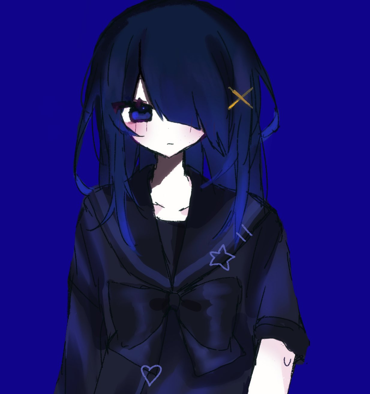 1girl 4_(nn_1_zo) ame-chan_(needy_girl_overdose) black_bow black_hair black_shirt blue_background blue_eyes bow closed_mouth collared_shirt expressionless hair_ornament hair_over_one_eye highres long_hair looking_at_viewer needy_girl_overdose sailor_collar shirt simple_background solo sweatdrop upper_body x_hair_ornament