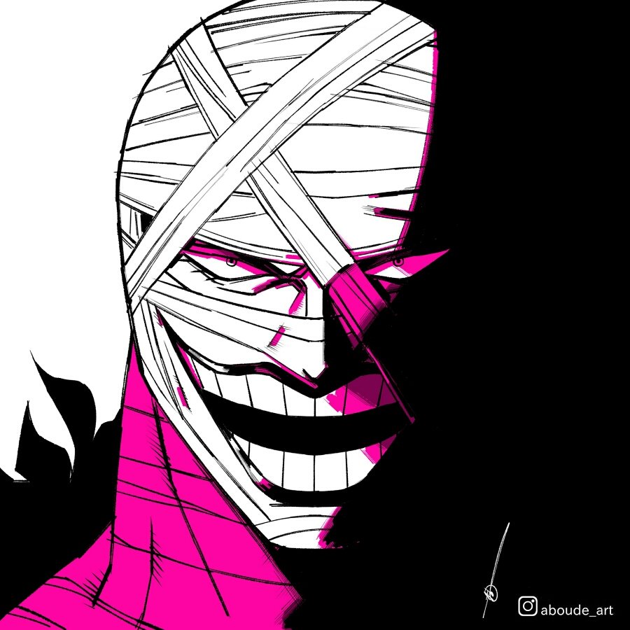 1boy aboude_art artist_name bandage_on_face bandaged_head bandages commentary english_commentary instagram_logo instagram_username killer_(one_piece) limited_palette looking_at_viewer male_focus one_piece open_mouth smile solo teeth