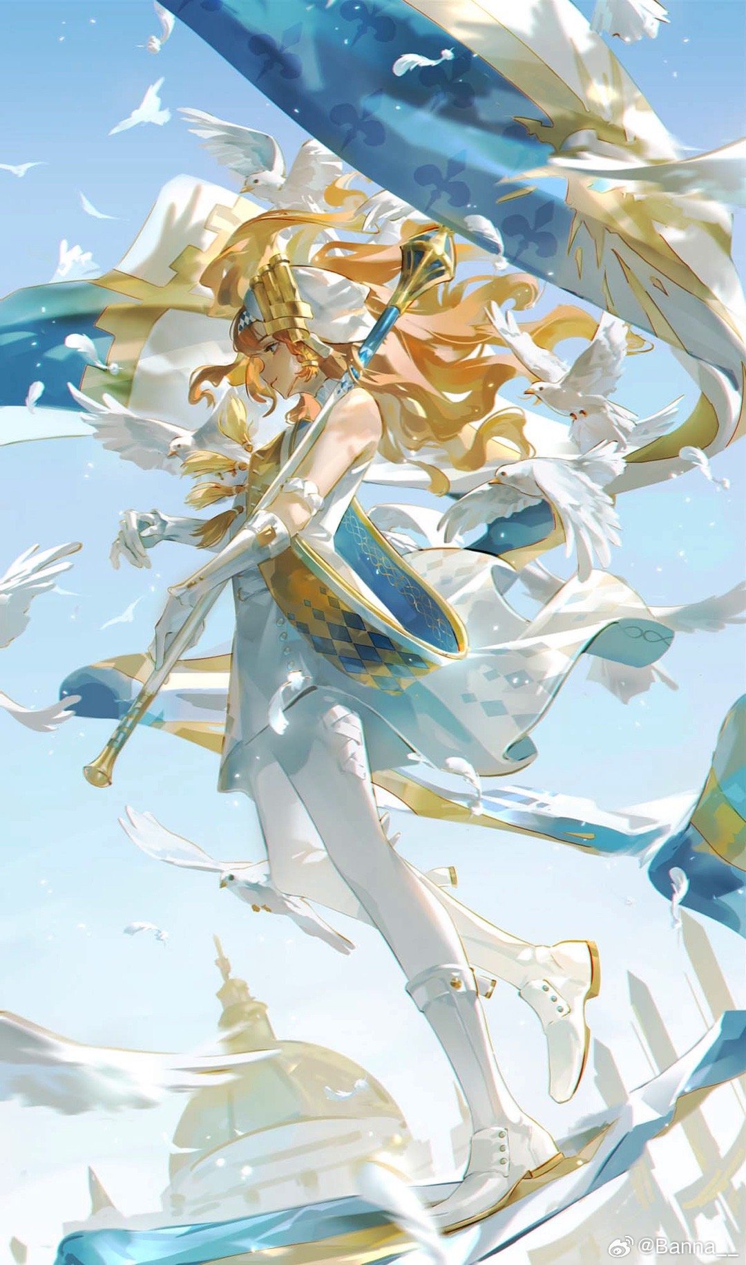 1girl banna_(weibo_6655128937) banner bare_shoulders beret bird blue_sky boots building checkered_hairband closed_mouth dome dove dress falling_feathers feathers floating_hair foot_up from_side full_body gloves hat highres holding_baton knee_boots long_hair looking_ahead orange_hair outdoors pantyhose profile reverse:1999 sash short_dress shoulder_sash sky sleeveless sleeveless_dress solo sonetto_(parade_anthem)_(reverse:1999) sonetto_(reverse:1999) standing standing_on_one_leg tassel weibo_logo weibo_username white_bird white_dress white_feathers white_footwear white_gloves white_hat white_pantyhose yellow_sash