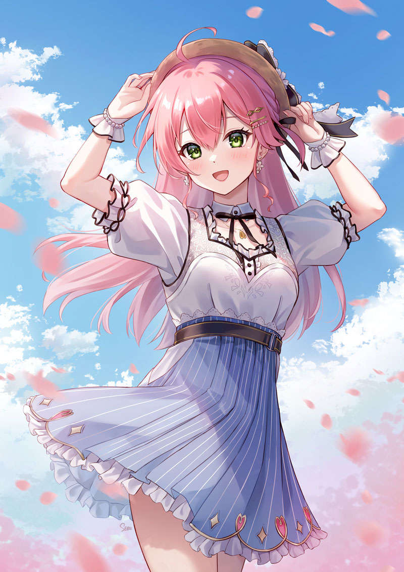 1girl :d ahoge arms_up belt black_belt black_bow black_ribbon blue_skirt blue_sky bow cherry_blossoms clouds collarbone cowboy_shot day detached_collar earrings floating_hair frilled_skirt frills green_eyes hair_between_eyes hair_ornament hair_ribbon hairclip hat hat_bow high-waist_skirt hololive jewelry long_hair looking_at_viewer miniskirt neck_ribbon open_mouth outdoors pink_hair pleated_skirt ribbon sakura_miko sebu_illust shirt short_sleeves skirt sky smile solo spring_(season) standing straw_hat striped_clothes striped_skirt virtual_youtuber white_shirt wing_collar wrist_cuffs