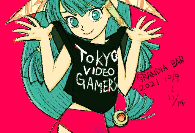 1girl black_shirt closed_mouth clothes_writing dated feena_(grandia) grandia grandia_i green_eyes green_hair hair_ornament hair_tubes hontani_toshiaki long_hair looking_at_viewer low-tied_long_hair red_background shirt simple_background smile solo