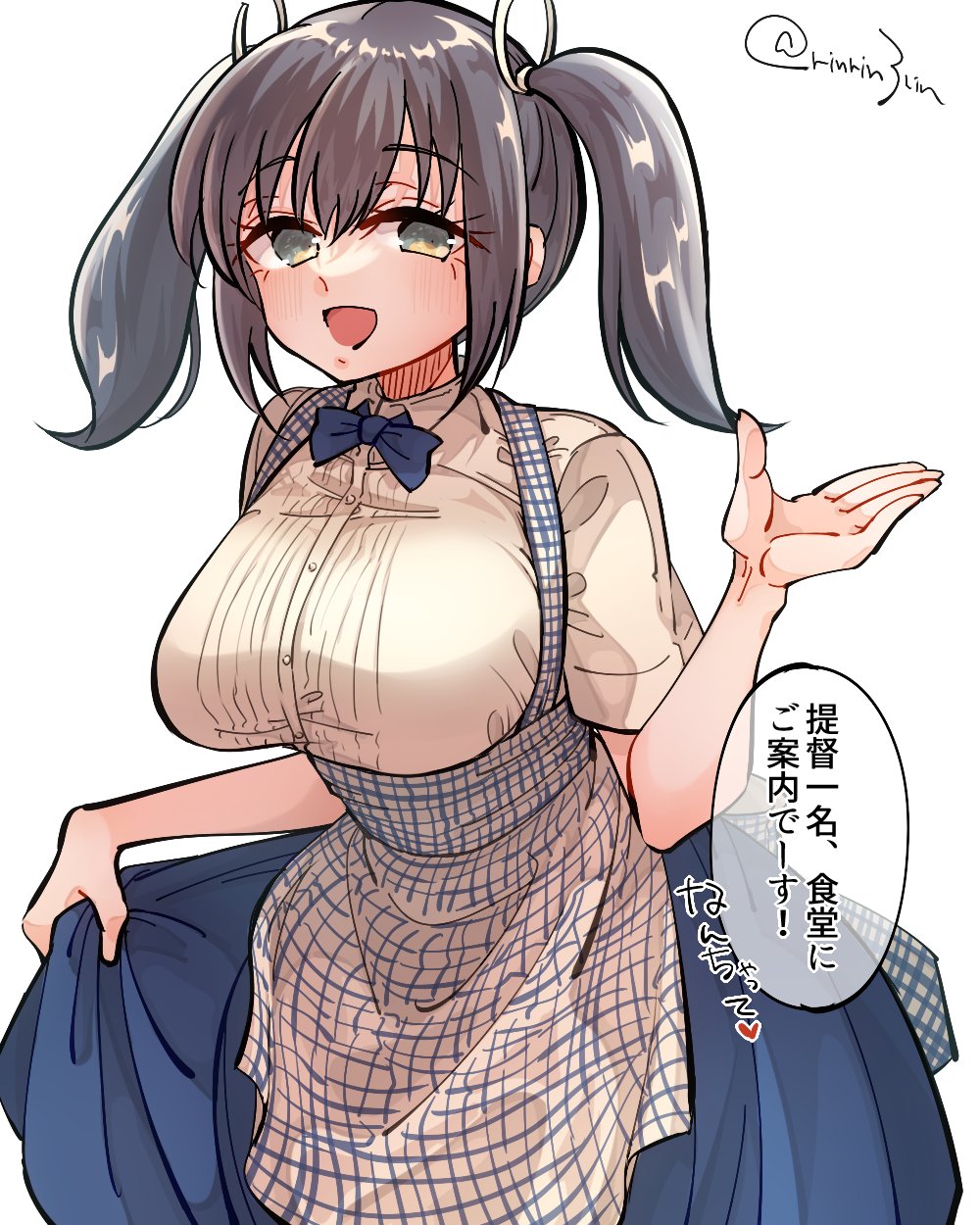 1girl alternate_costume apron blue_apron blue_bow blue_bowtie blue_hair blue_skirt bow bowtie breasts brown_eyes checkered_apron checkered_clothes cowboy_shot gingham gingham_apron gingham_skirt hair_ribbon high-waist_skirt highres kantai_collection kobeya_uniform large_breasts long_hair looking_at_viewer matsunaga_(haku) open_mouth plaid plaid_apron pleated_shirt ribbon shirt short_sleeves simple_background skirt smile solo souryuu_(kancolle) speech_bubble twintails twitter_username waitress white_background white_shirt