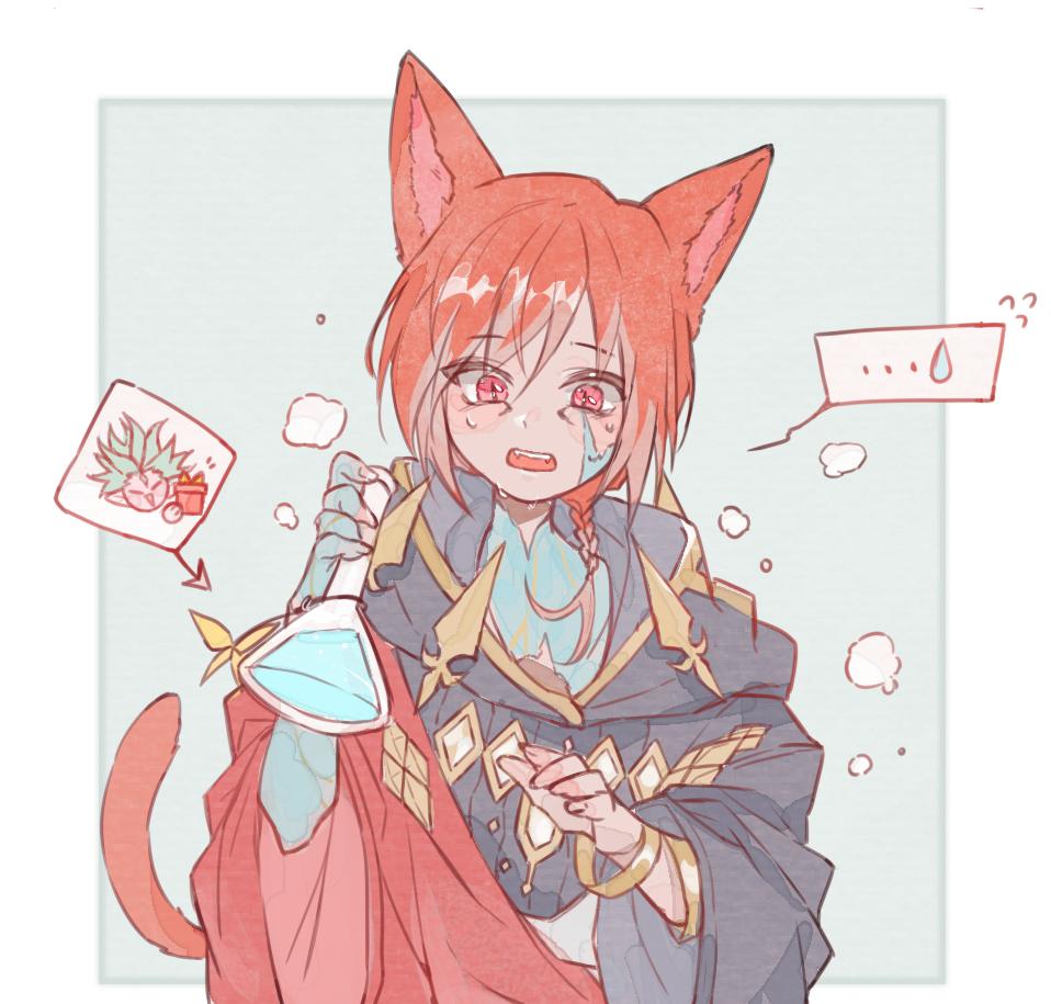 1boy animal_ears bracelet cat_ears cat_tail cloak crystal_exarch fangs final_fantasy final_fantasy_xiv g'raha_tia hood hood_down hooded_cloak jewelry male_focus material_growth miqo'te open_mouth red_eyes redhead slit_pupils solo tail tladpwl03 vial wide-eyed