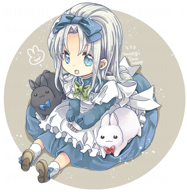 1girl :3 :d animal apron blue_bow blue_dress blue_eyes bow bowtie brown_footwear chibi dress frilled_apron frills full_body green_bow grey_hair hair_bow long_hair long_sleeves looking_at_viewer open_mouth original parted_bangs rabbit red_bow shinonome_(poka) shoes sitting sleeves_past_wrists smile socks solo white_apron white_socks