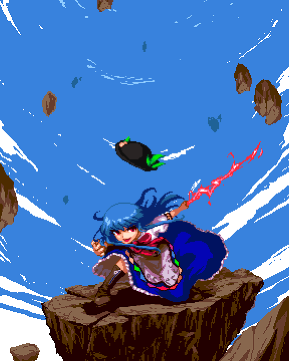 1girl :d black_hat blue_hair blue_skirt blue_sky boots brown_footwear clouds full_body hinanawi_tenshi holding holding_sword holding_weapon kenpfar keystone long_hair looking_at_viewer open_mouth outdoors pixel_art red_eyes skirt sky smile solo sword sword_of_hisou touhou weapon