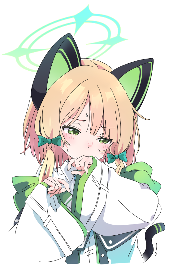 1girl animal_ear_headphones animal_ears blonde_hair blue_archive blue_necktie blush bow cat_tail collared_shirt fake_animal_ears green_bow green_eyes hair_bow headphones ixy jacket long_sleeves midori_(blue_archive) necktie shirt short_hair simple_background solo tail upper_body white_background white_jacket white_shirt