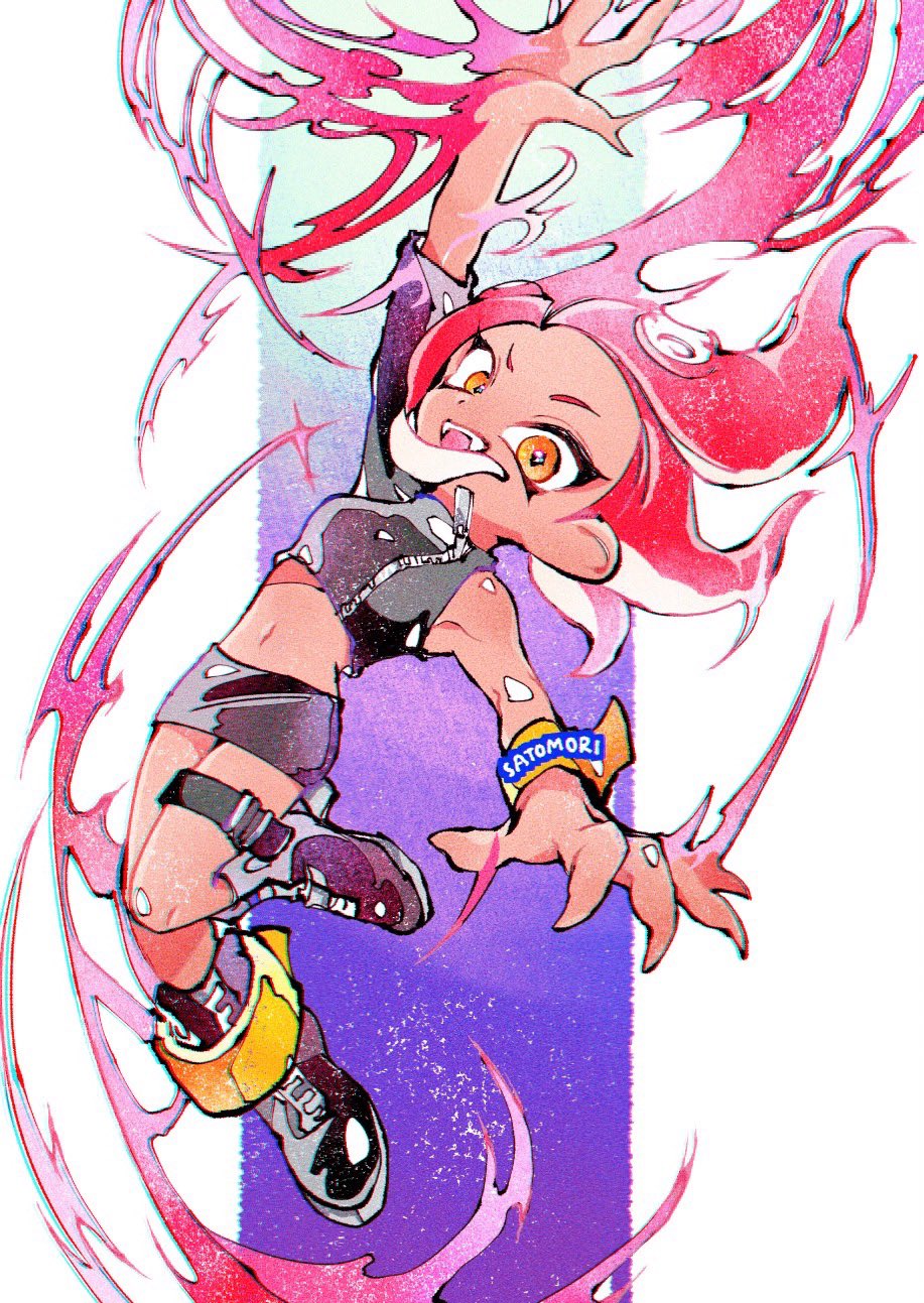 1girl :d agent_8_(splatoon) anklet arm_up artist_name black_footwear black_shirt black_skirt blue_background boots booyah_bomb_(splatoon) commentary_request crop_top fangs floating_hair full_body gradient_background highres jewelry leg_belt long_hair midriff miniskirt navel octoling octoling_girl octoling_player_character open_mouth orange_eyes outside_border outstretched_arms pillarboxed purple_background redhead satomori shirt single_sleeve skirt smile solo splatoon_(series) suction_cups teeth tentacle_hair upper_teeth_only wristband zipper zipper_pull_tab