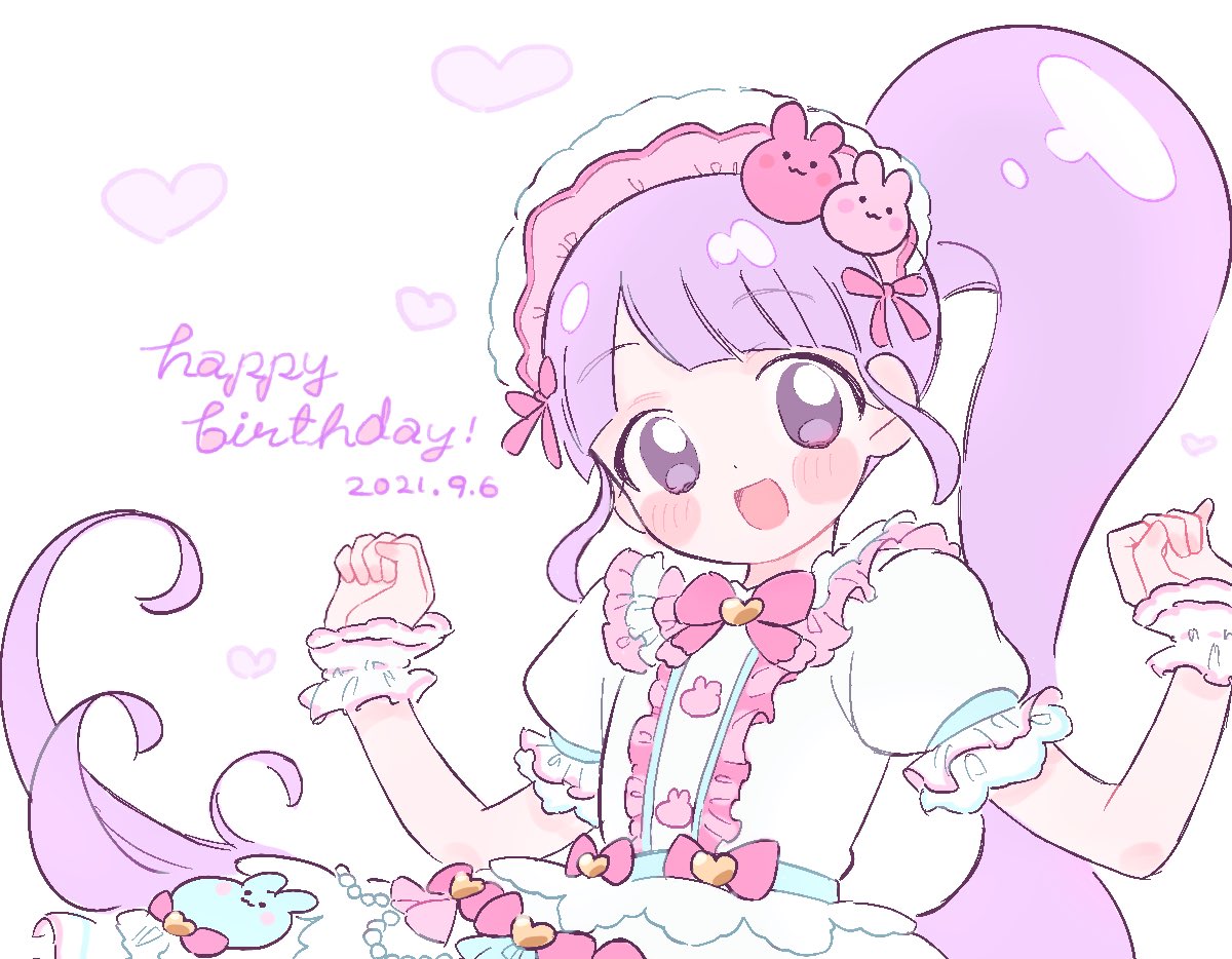 1girl :d blunt_bangs blush bow center_frills commentary_request dated dress frilled_dress frills hands_up happy_birthday idol_clothes lolita_fashion long_hair looking_at_viewer manaka_non open_mouth pink_bow poro_(pweedro) pretty_series pripara puffy_short_sleeves puffy_sleeves purple_hair short_sleeves side_ponytail simple_background sleeves_past_wrists smile solo sweet_lolita very_long_hair violet_eyes white_background white_dress wrist_cuffs