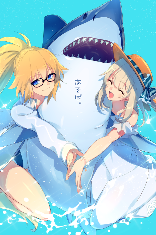 2girls bare_shoulders blonde_hair blue_eyes blush breasts closed_eyes dress echo_(circa) fate/grand_order fate_(series) glasses hat high_ponytail hug jacket jeanne_d'arc_(fate) jeanne_d'arc_(swimsuit_archer)_(fate) jeanne_d'arc_(swimsuit_archer)_(second_ascension)_(fate) large_breasts long_hair looking_at_viewer marie_antoinette_(fate) marie_antoinette_(swimsuit_caster)_(fate) marie_antoinette_(swimsuit_caster)_(second_ascension)_(fate) medium_breasts multiple_girls one-piece_swimsuit open_mouth shark sidelocks straw_hat swimsuit thighs translation_request twintails very_long_hair water white_dress white_hair white_jacket white_one-piece_swimsuit
