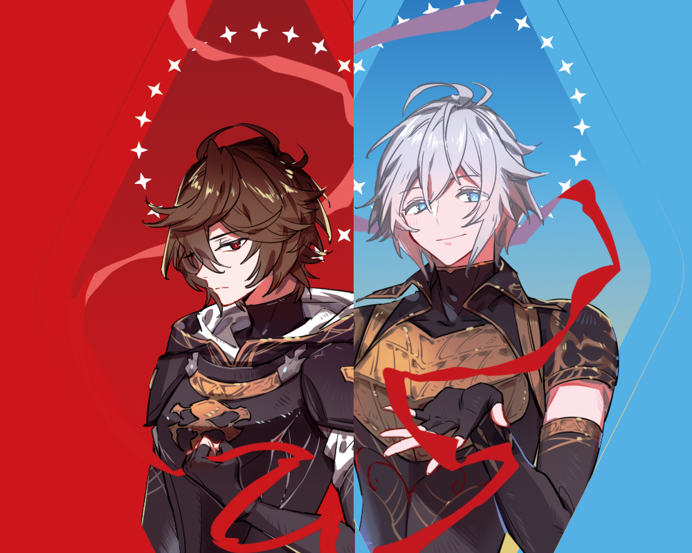2boys ahoge arm_up armor blue_background blue_eyes brown_hair clenched_hand colored_eyelashes commentary elbow_gloves empty_eyes facing_viewer fingerless_gloves frown gloves granblue_fantasy hair_between_eyes hair_over_one_eye holding holding_clothes holding_scarf hood hood_down light_smile looking_at_viewer looking_down lucifer_(shingeki_no_bahamut) male_focus messy_hair multiple_boys outstretched_hand profile red_background red_eyes red_ribbon ribbon ruby_maliilm sandalphon_(granblue_fantasy) scarf short_hair short_sleeves shoulder_armor star_(symbol) symbol-only_commentary turtleneck two-tone_background upper_body white_hair
