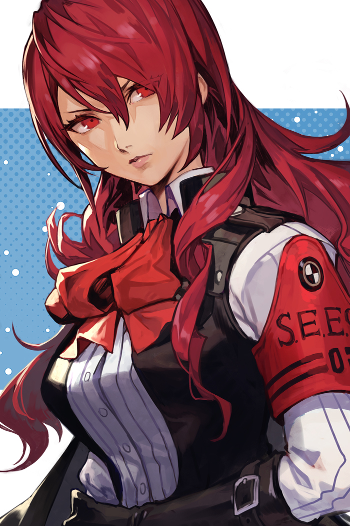 1girl armband black_gloves black_vest breasts close-up collared_shirt eyes_visible_through_hair gloves hair_between_eyes hankuri kirijou_mitsuru large_breasts long_hair looking_at_viewer looking_to_the_side open_clothes open_vest persona persona_3 persona_3_reload red_armband red_eyes red_ribbon redhead ribbon shirt solo upper_body vest white_shirt