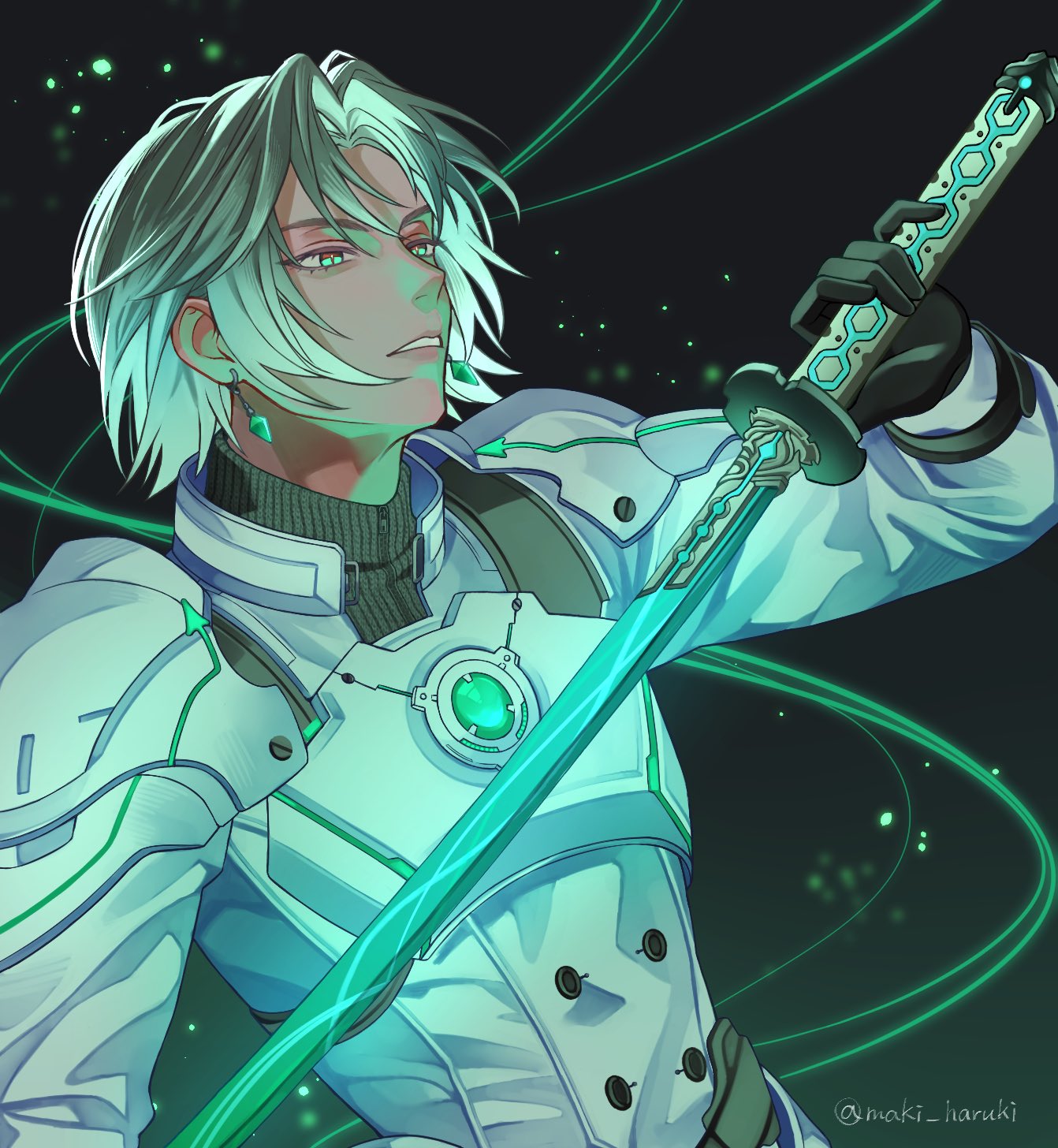 1boy aqua_eyes armor black_gloves chest_jewel dangle_earrings earrings final_fantasy final_fantasy_vii final_fantasy_vii_ever_crisis gloves glowing glowing_eyes gradient_background grey_hair grey_shirt hair_between_eyes highres holding holding_sword holding_weapon jewelry katana lifestream maki_haruki male_focus official_alternate_costume parted_bangs parted_lips sephiroth sephiroth_(lethal_style) shirt short_hair solo sword turtleneck twitter_username upper_body weapon white_armor