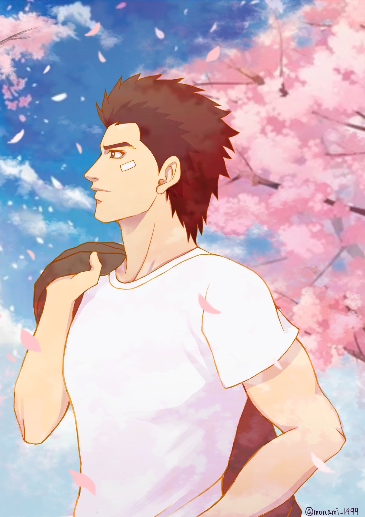 bandage_on_face bandages biceps brown_eyes brown_hair cherry_blossoms clouds day expressionless falling_petals hazuki_ryou highres holding holding_clothes holding_jacket jacket jacket_over_shoulder looking_to_the_side monami_1999 muscular muscular_male outdoors petals shenmue shenmue_the_animation shirt signature spiky_hair t-shirt thick_eyebrows tree unworn_jacket white_shirt