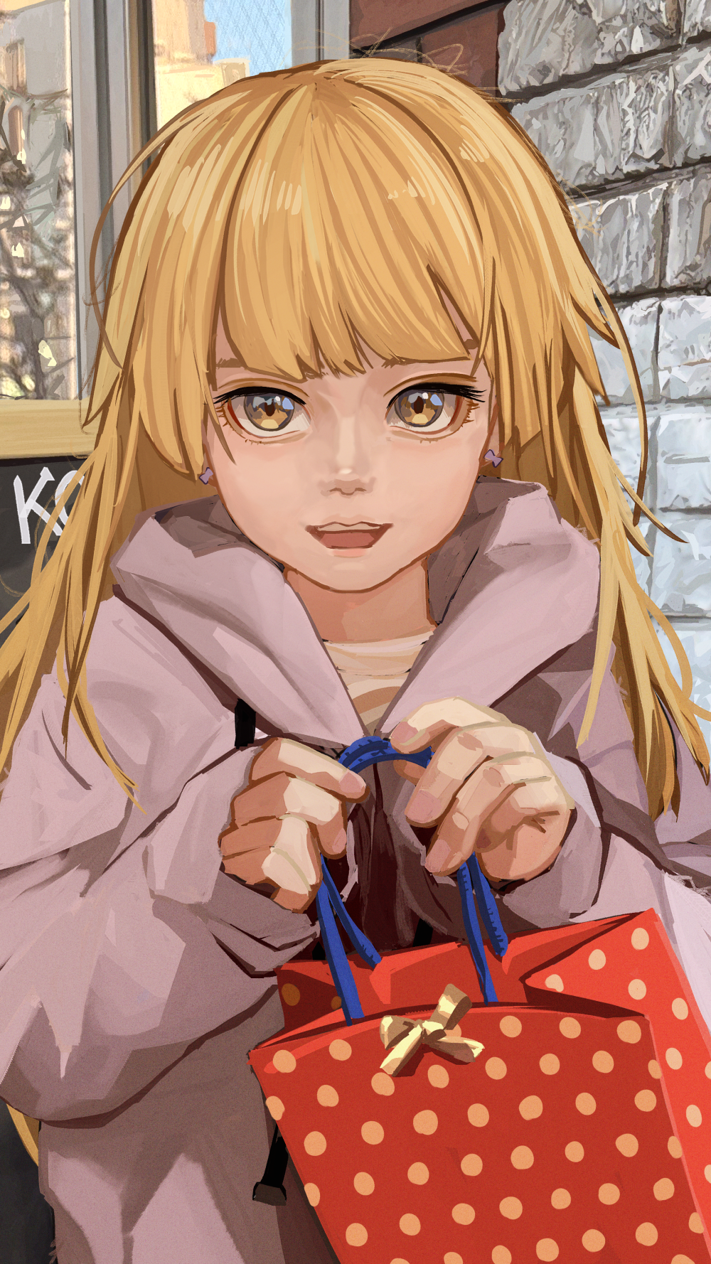 1girl bag birthday blonde_hair blunt_bangs bow brown_jacket commentary earrings eyelashes gift gift_bag highres holding holding_bag holding_gift hood hood_down jacket jewelry long_hair looking_at_viewer loose_hair_strand messy_hair open_mouth original outdoors own_hands_together russian_commentary servachok shirt smile solo stone_wall teeth upper_body upper_teeth_only w_arms window yellow_bow yellow_eyes yellow_shirt zhenya_(servachok)
