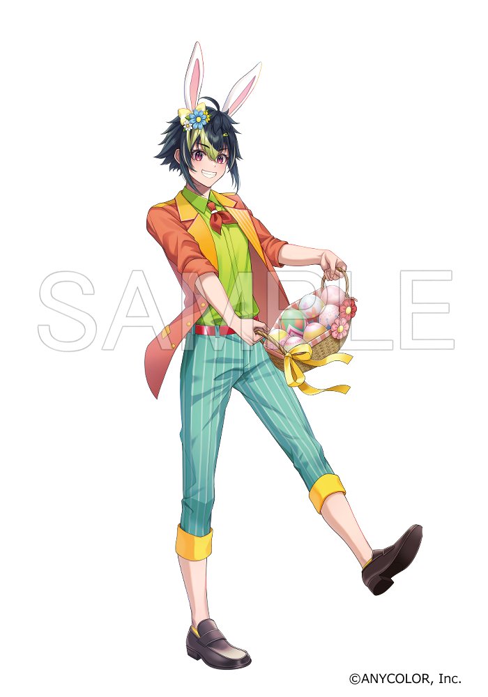 1boy ahoge animal_ears aqua_pants basket belt black_hair bow brown_footwear capri_pants collared_shirt copyright_notice easter easter_egg egg flower full_body green_hair green_shirt hair_between_eyes hair_bow hair_flower hair_ornament hana_arare holding holding_basket inami_rai jacket lapels loafers looking_at_viewer male_focus multicolored_hair neckerchief nijisanji notched_lapels official_art open_clothes open_jacket pants pink_flower pinstripe_pants pinstripe_pattern rabbit_ears red_belt red_flower red_jacket red_neckerchief sample_watermark shirt shirt_tucked_in shoes short_hair sidelocks simple_background sleeves_rolled_up solo standing standing_on_one_leg streaked_hair violet_eyes virtual_youtuber watermark white_background yellow_bow