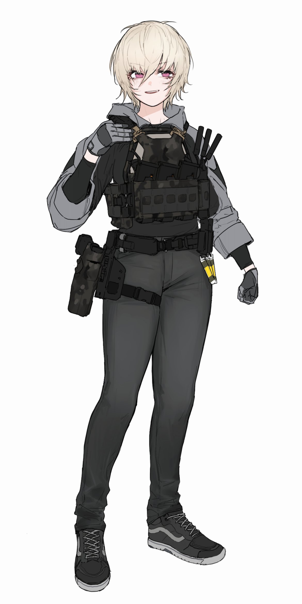 1girl alma01 ammunition_pouch bulletproof_vest clenched_hand gloves gun handgun highres holster hood hood_down hoodie magazine_(weapon) original pink_eyes pouch shoes short_hair sleeves_rolled_up smile sneakers solo walkie-talkie weapon white_background white_hair