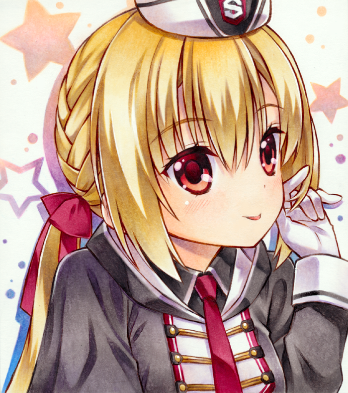 1girl :p arihara_nanami black_hat black_jacket blonde_hair blush braid close-up closed_mouth colored_eyelashes commentary drop_shadow eyes_visible_through_hair garrison_cap gloves hair_between_eyes hand_up hat hood hood_down hooded_jacket jacket long_hair long_sleeves looking_at_viewer low_twintails marker_(medium) military_uniform necktie photo_(medium) red_eyes red_necktie riddle_joker side_braid simple_background smile solo star_(symbol) takt_shindo tongue tongue_out traditional_media twintails uniform white_background white_gloves