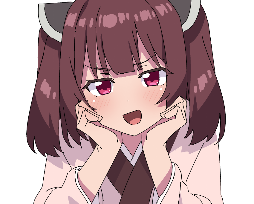 1girl blush brown_hair head_rest headgear homura_shinji japanese_clothes kimono looking_at_viewer open_mouth pink_eyes simple_background sketch smile smug solo touhoku_kiritan upper_body voiceroid white_background