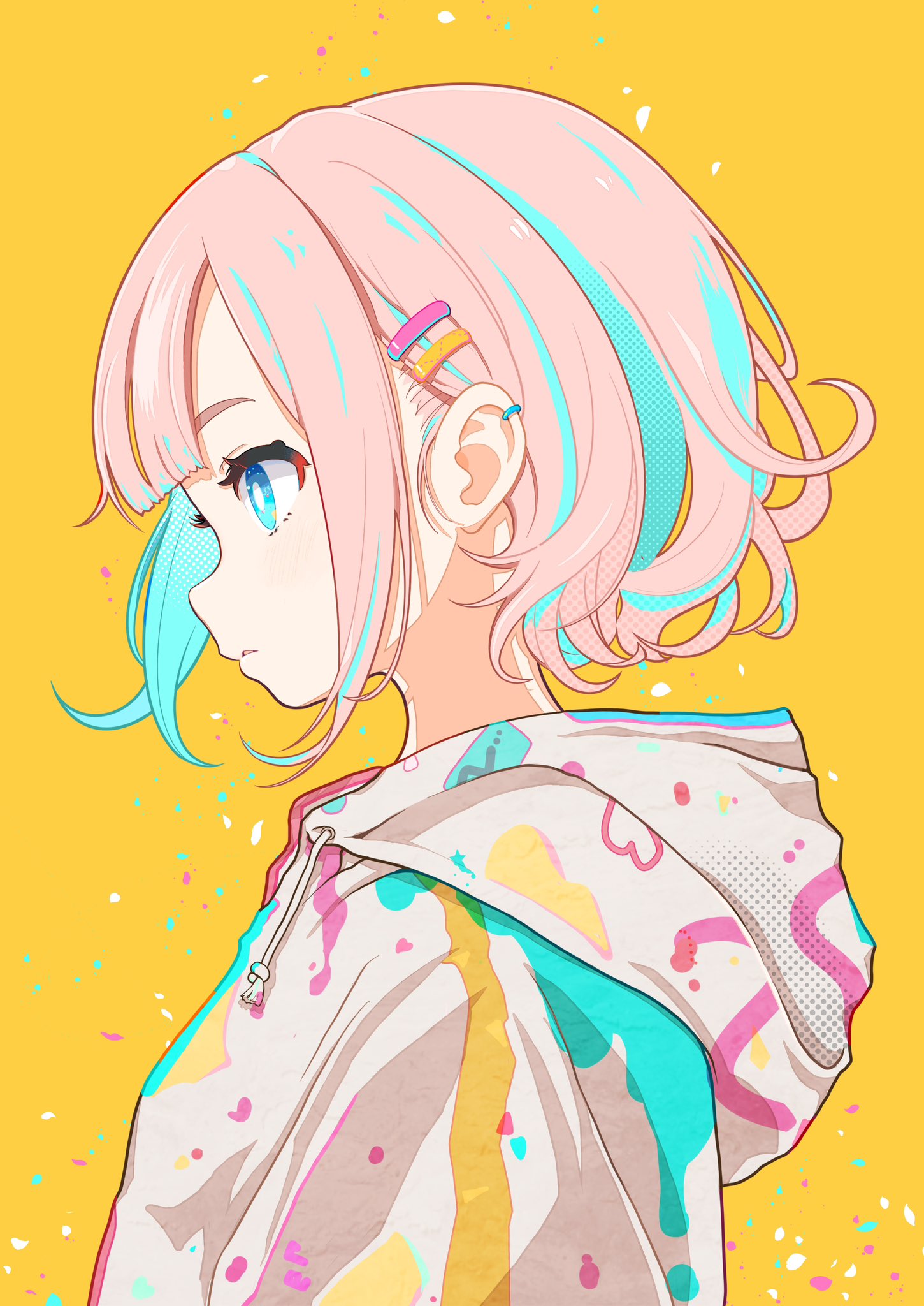 1girl aqua_hair bob_cut copyright_request expressionless highres hood hoodie multicolored_hair paint_splatter parted_lips pink_hair profile quinoko short_hair solo two-tone_hair upper_body yellow_background