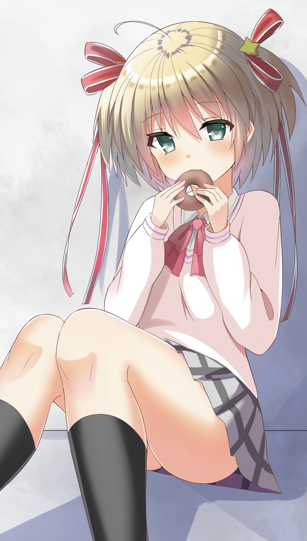 1girl black_thighhighs blonde_hair blue_eyes blush bow commentary doughnut eating food hair_ornament hair_ribbon highres kamikita_komari little_busters! little_busters!_school_uniform pink_bow plaid plaid_skirt ribbon school_uniform short_hair skirt solo star_(symbol) thigh-highs twintails yoanium