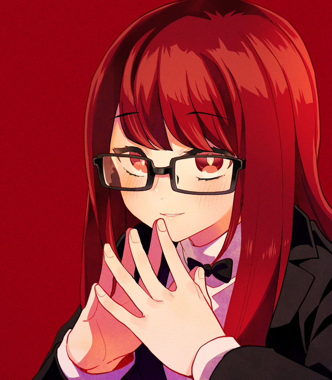 1girl black-framed_eyewear blush glasses hair_down highres kyougetsu_(junrai) long_hair long_sleeves looking_at_viewer official_alternate_hairstyle own_hands_together persona persona_5 persona_5_the_royal red_eyes redhead school_uniform shuujin_academy_school_uniform simple_background smile solo upper_body yoshizawa_sumire
