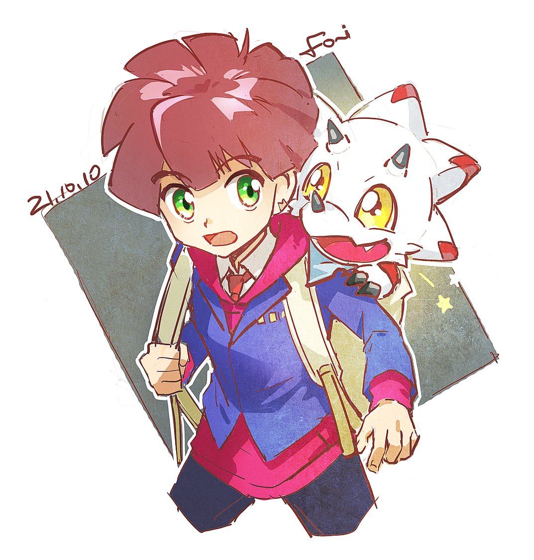 1boy amanokawa_hiro backpack bag blue_jacket claws collared_shirt commentary cropped_legs dated digimon digimon_(creature) digimon_ghost_game fang fon-due_(fonfon) gammamon green_eyes hood hooded_sweater jacket long_sleeves male_focus necktie open_mouth outline pink_sweater red_necktie shirt sweater symbol-only_commentary white_outline white_shirt yellow_eyes