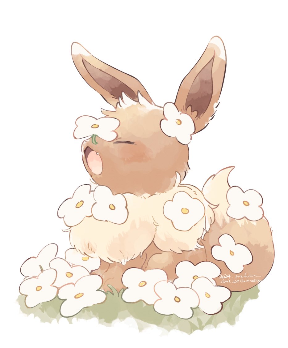 animal_focus brown_fur closed_eyes commentary_request eevee fang flower mkt_(buizu-miki) no_humans on_grass open_mouth pokemon pokemon_(creature) simple_background sitting tail white_background white_flower yawning