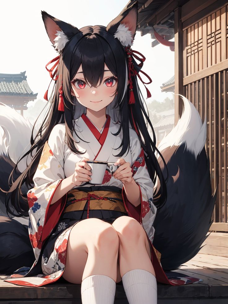 ai-generated animal_ears black_hair fox_ears japanese_clothe non-web_source red_eyes