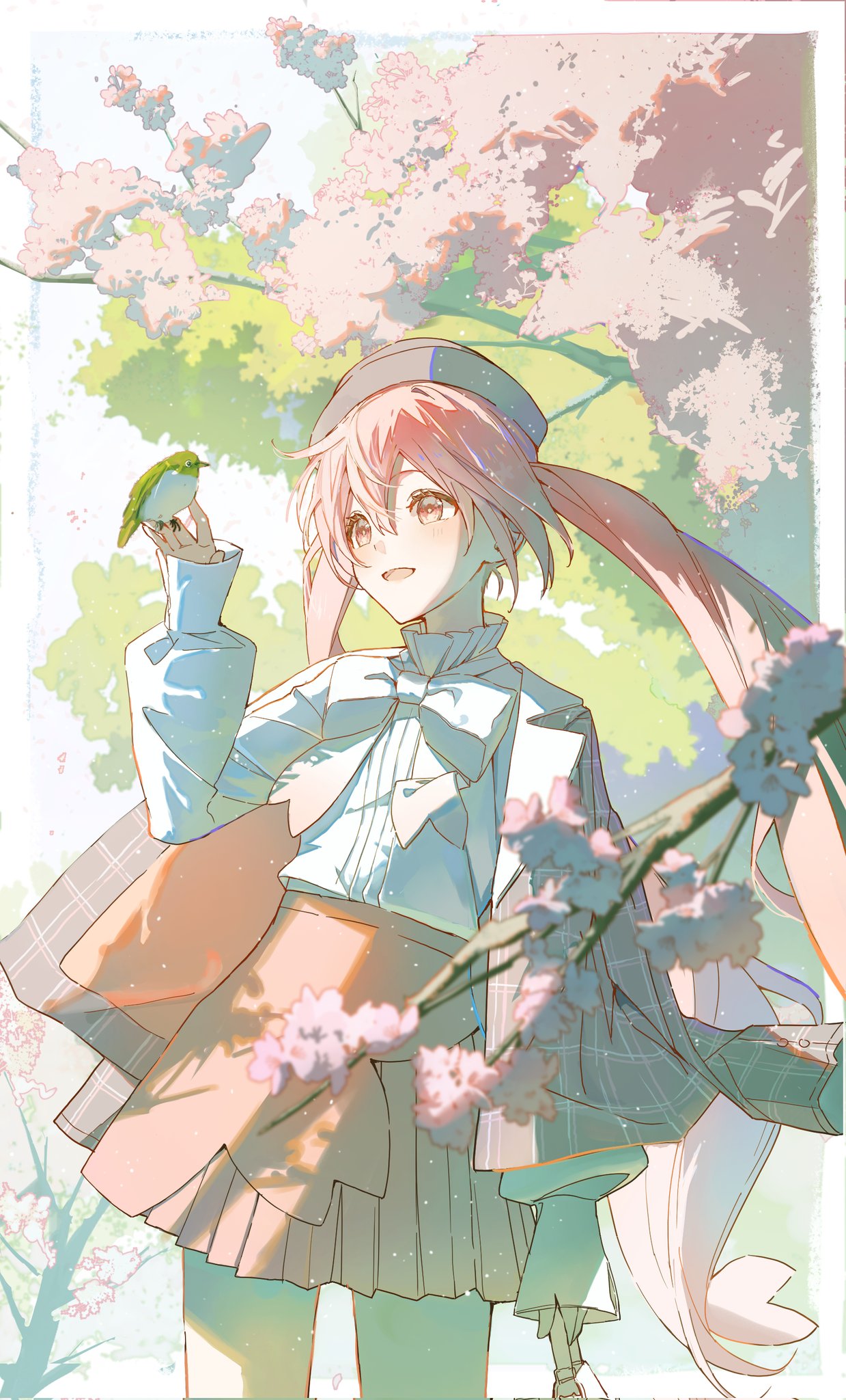 1girl :d arm_at_side bird bird_on_hand blush branch cherry_blossoms collared_shirt cowboy_shot day grey_jacket hair_between_eyes hand_up hatsune_miku high-waist_skirt highres jacket legs_apart long_hair long_sleeves looking_at_animal miniskirt open_clothes open_jacket open_mouth outdoors pink_eyes pink_hair pink_skirt plaid plaid_jacket pleated_skirt sakura_miku sakura_miku_(rella) shirt sidelocks skirt sleeve_cuffs sleeves_past_wrists smile solo tree twintails very_long_hair vocaloid white_shirt yurun_(yurun_ume)