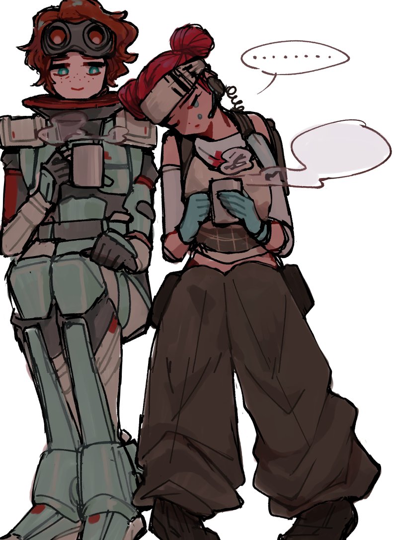 ... 2girls animification apex_legends black_footwear black_gloves blue_gloves boots bright_pupils brown_hair brown_tank_top crying cup detached_sleeves earpiece freckles gloves hand_on_own_leg head_on_another's_shoulder headband holding holding_cup horizon_(apex_legends) lifeline_(apex_legends) mask mask_around_neck mononobex mug multiple_girls redhead short_hair sitting smile smoke spacesuit spoken_ellipsis tank_top white_headband white_pupils