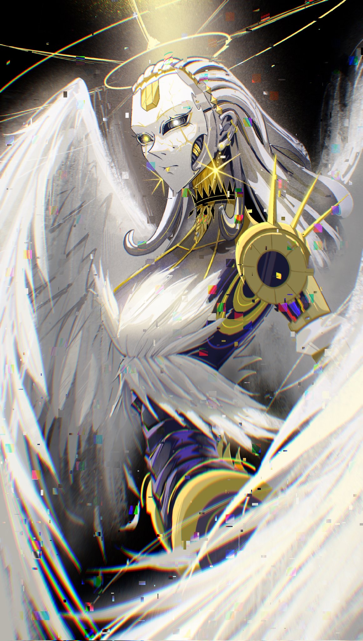 1girl android angel_wings animification apex_legends artificial_eye ash_(titanfall_2) black_sclera chinese_commentary chromatic_aberration colored_sclera cracked_skin earrings from_side glitch glowing glowing_eyes grey_hair halo heterochromia highres jewelry long_hair looking_at_viewer mechanical_eye metal_skin mo_yu_youhai_jiankang redesign white_eyes wings yellow_eyes