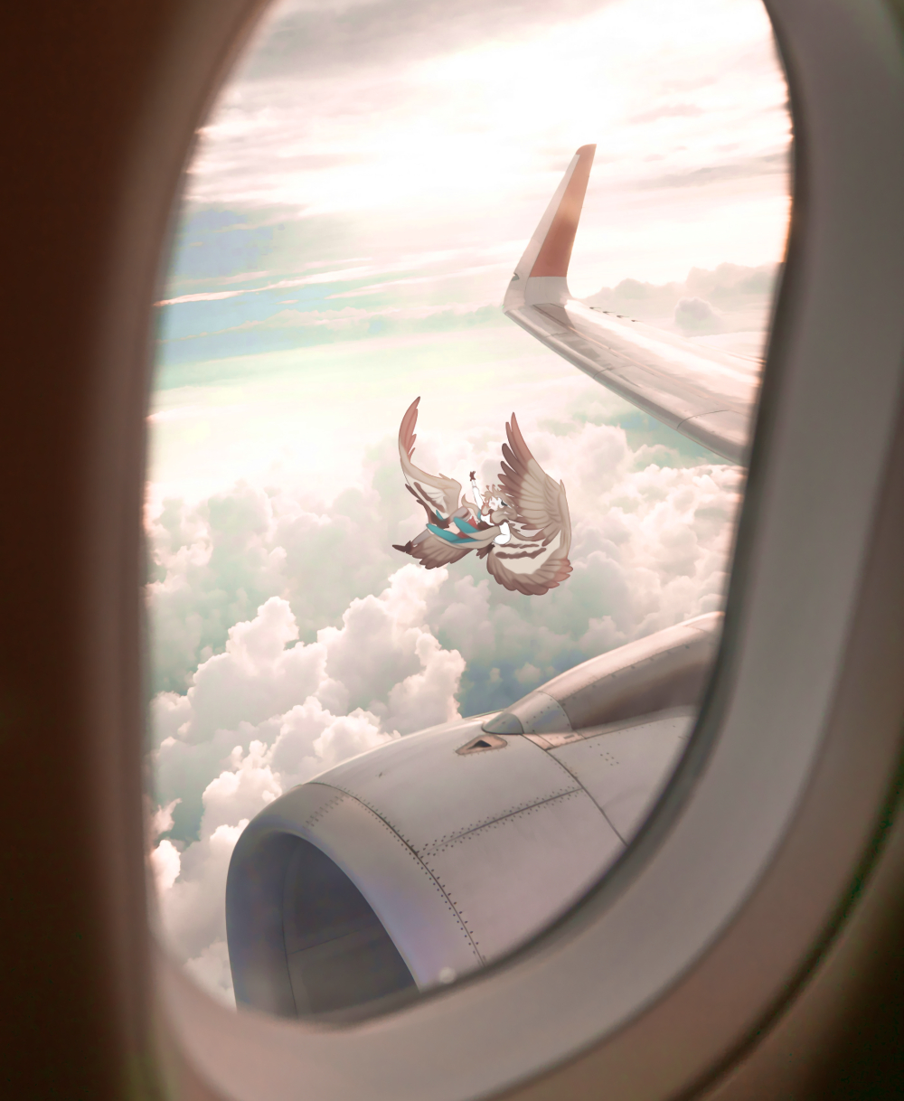 aircraft airplane brown_cape brown_skirt brown_wings cape clouds cloudy_sky flailing flying highres hololive hololive_english horizon jet_engine nanashi_mumei outdoors plane_window pov rurung_ji skirt sky virtual_youtuber window wings
