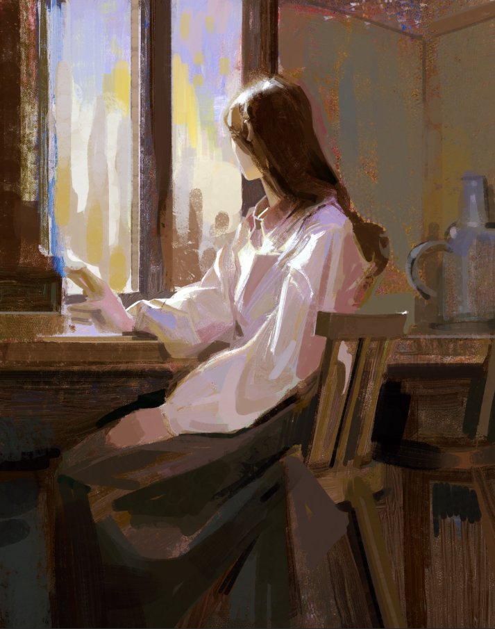 1girl art_study brown_hair brown_skirt chair collared_shirt desk faux_traditional_media from_side indoors long_hair long_sleeves loose_clothes loose_shirt on_chair original painterly profile realistic shirt sitting skirt solo sunlight table turning_head white_shirt window yuming_li