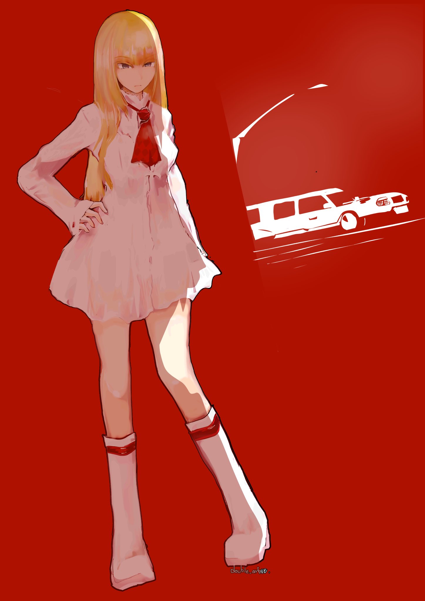 1girl blonde_hair blue_eyes boots breasts closed_mouth double_arbre dress english_commentary gloves hand_on_own_hip highres hime_cut lili_(tekken) limousine long_hair long_sleeves looking_at_viewer neckerchief red_background red_neckerchief red_theme simple_background tekken tekken_5 thigh_boots white_dress white_footwear white_gloves