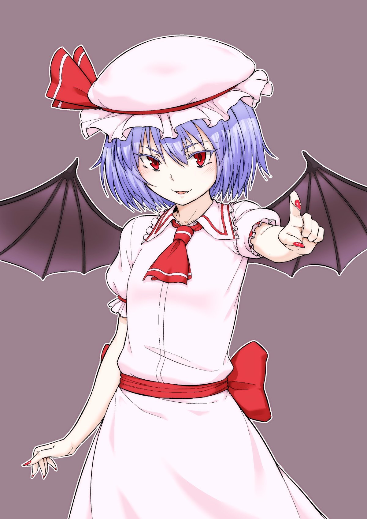 1girl ascot bat_wings blue_hair collared_shirt commentary dress grey_background hat hat_ribbon highres kakone mob_cap neckerchief red_ascot red_nails red_neckerchief red_ribbon remilia_scarlet ribbon shirt short_hair short_sleeves simple_background solo touhou white_dress wings