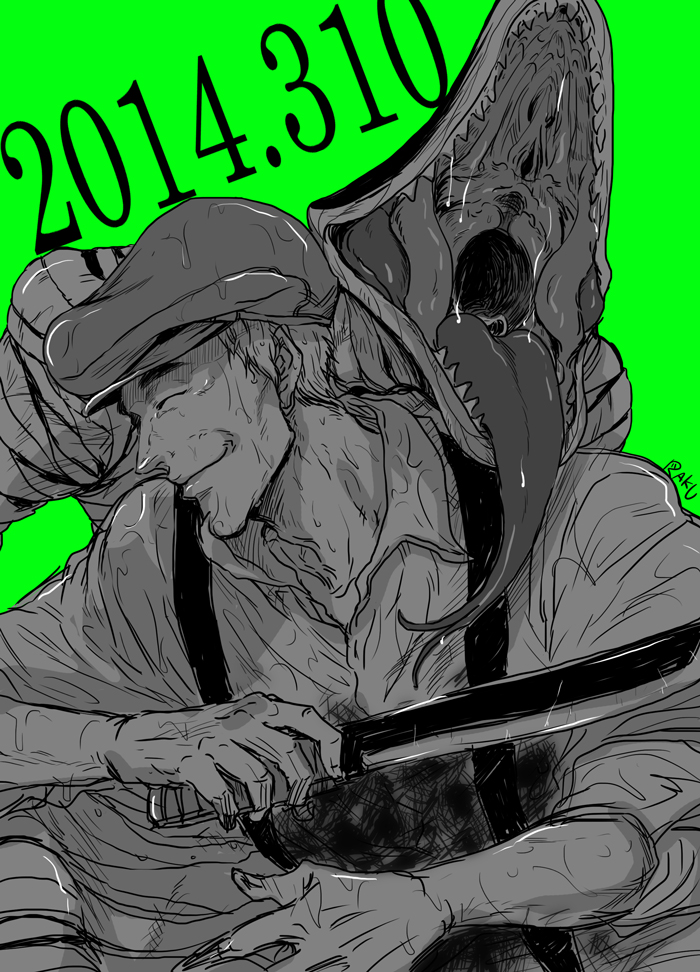ajin_(sakurai_gamon) closed_eyes combat_knife dated fangs forked_tongue green_background grin holding holding_knife holding_weapon knife long_tongue looking_to_the_side male_focus monster old old_man open_mouth overalls raku220p saliva satou_(ajin) smile tongue weapon