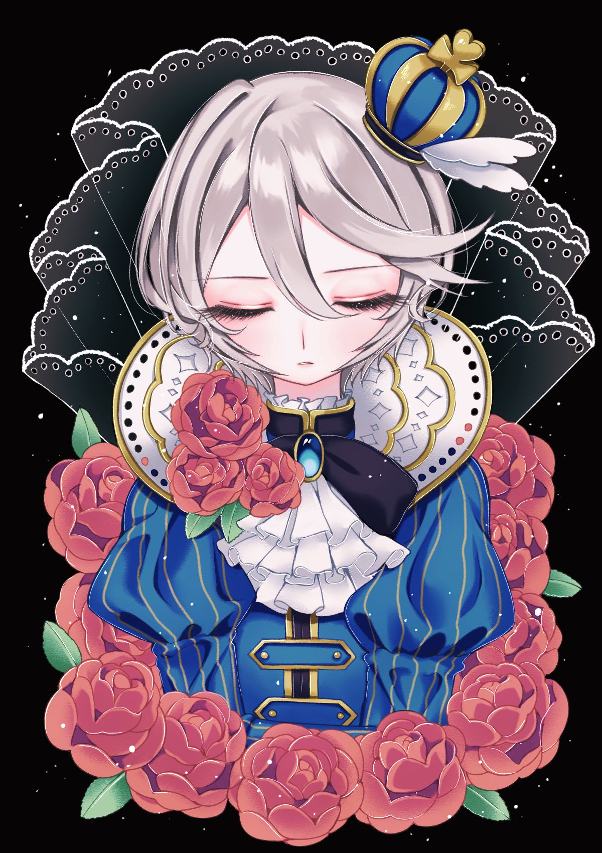 1girl ao_(ao0_0nemu) ascot bad_id bad_twitter_id black_background black_ribbon brooch closed_eyes closed_mouth commentary_request cropped_torso crown facing_viewer flower grey_hair hair_between_eyes highres idol_clothes jewelry juliet_sleeves long_sleeves mini_crown neck_ribbon pretty_series pripara puffy_sleeves red_flower red_rose reverse_trap ribbon rose shikyoin_hibiki short_hair solo upper_body white_ascot