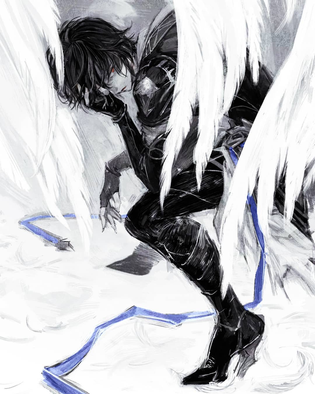 1boy armor artbook artist_request belt bishounen black_hair blue_belt boots cape feathered_wings feathers fingerless_gloves full_body gloves granblue_fantasy greyscale hand_in_own_hair hand_on_own_face high_heel_boots high_heels highres hood hood_down limited_palette looking_to_the_side messy_hair monochrome official_art red_eyes sandalphon_(granblue_fantasy) short_hair sitting sketch solo_focus spot_color turtleneck white_background white_wings wings