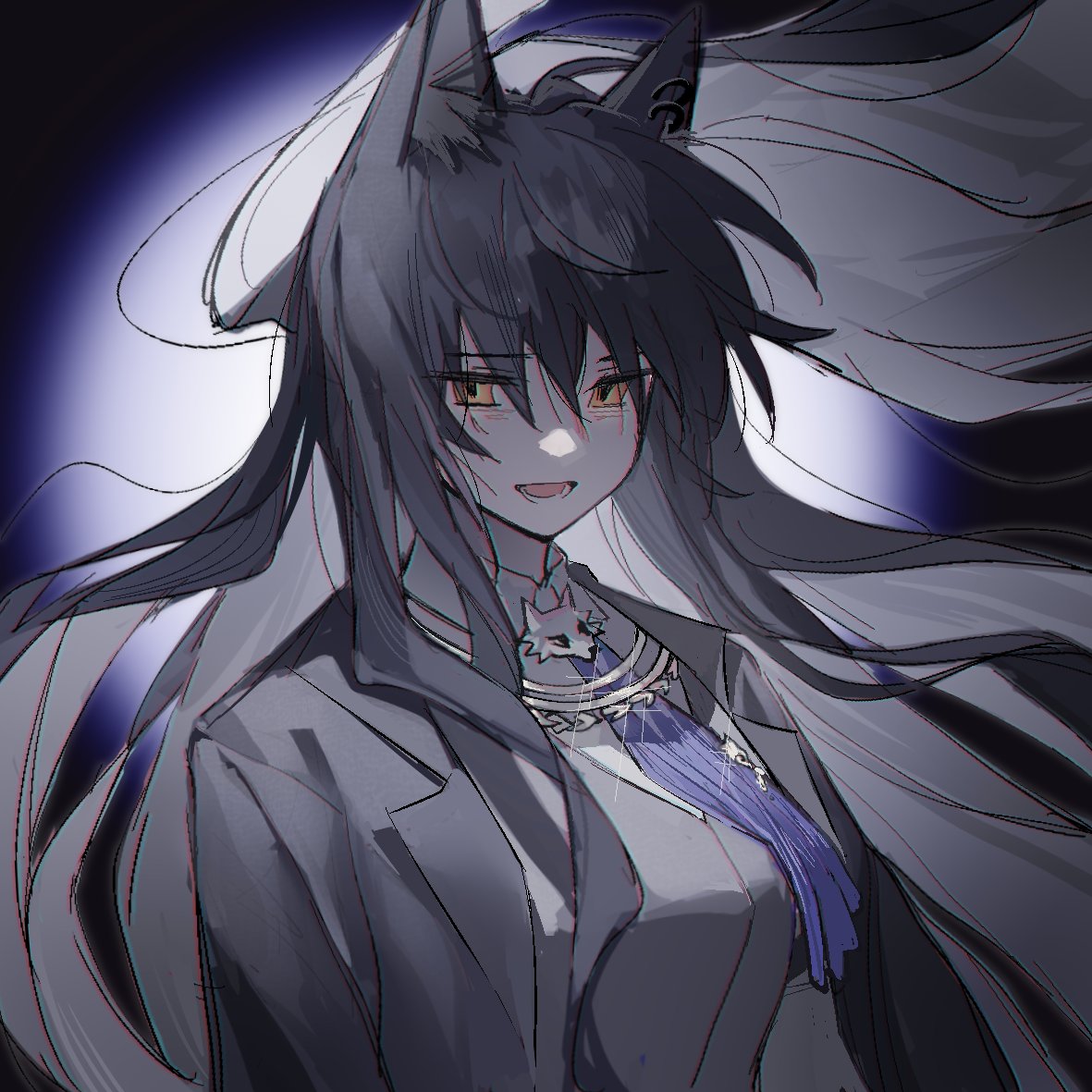 1girl animal_ear_fluff animal_ears arknights ascot black_background black_hair black_jacket black_vest blue_ascot chinese_commentary collared_shirt commentary_request empty_eyes floating_hair gradient_background jacket jsjdndhidnshssj long_hair looking_at_viewer open_mouth shirt solo texas_(arknights) texas_the_omertosa_(arknights) upper_body vest white_shirt wolf_ears wolf_girl yellow_eyes