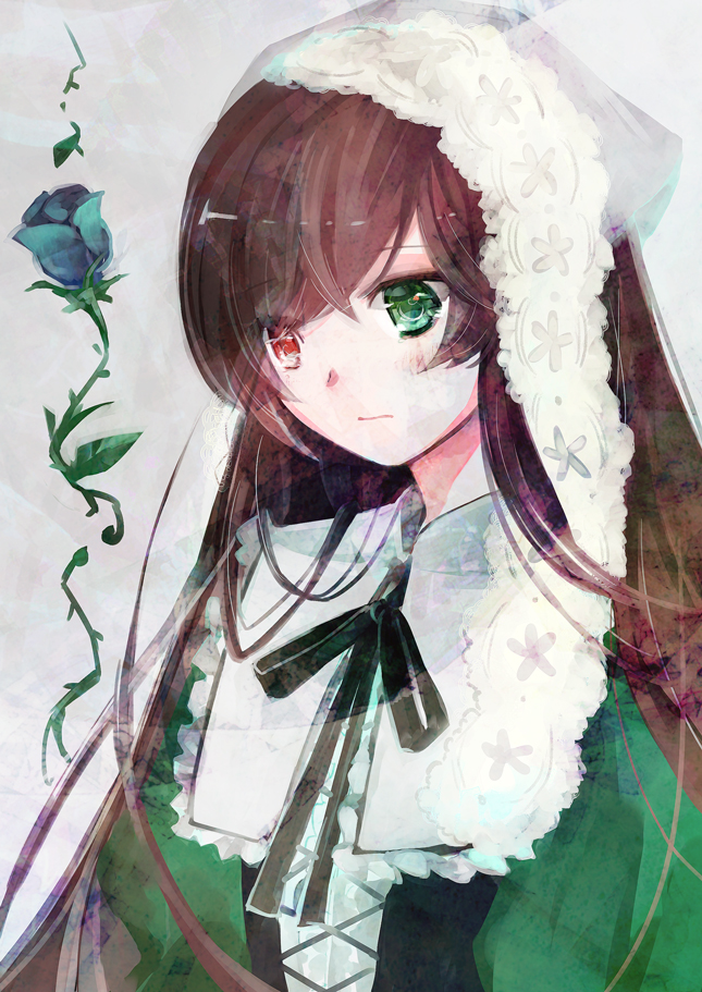 1girl black_corset black_ribbon blue_flower blue_rose brown_hair closed_mouth collared_dress commentary_request corset dress expressionless flower frilled_shirt_collar frills green_dress green_eyes head_scarf heterochromia lace lolita_fashion long_hair looking_down medium_bangs neck_ribbon plant red_eyes ribbon rose rozen_maiden sencha_(coldcolor) solo suiseiseki upper_body vines