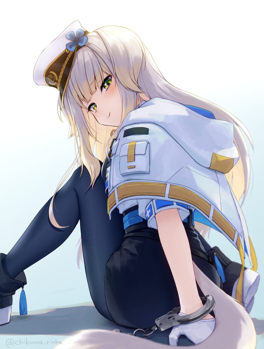 1girl blonde_hair chikuwa_(rinka) cuffed cuffs dog_tail from_behind gloves gradient_hair green_eyes grey_hair handcuffs hat long_hair looking_back multicolored_hair nijisanji pantyhose police police_hat pout shioriha_ruri shirt shorts simple_background sitting solo tail virtual_youtuber white_gloves white_shirt
